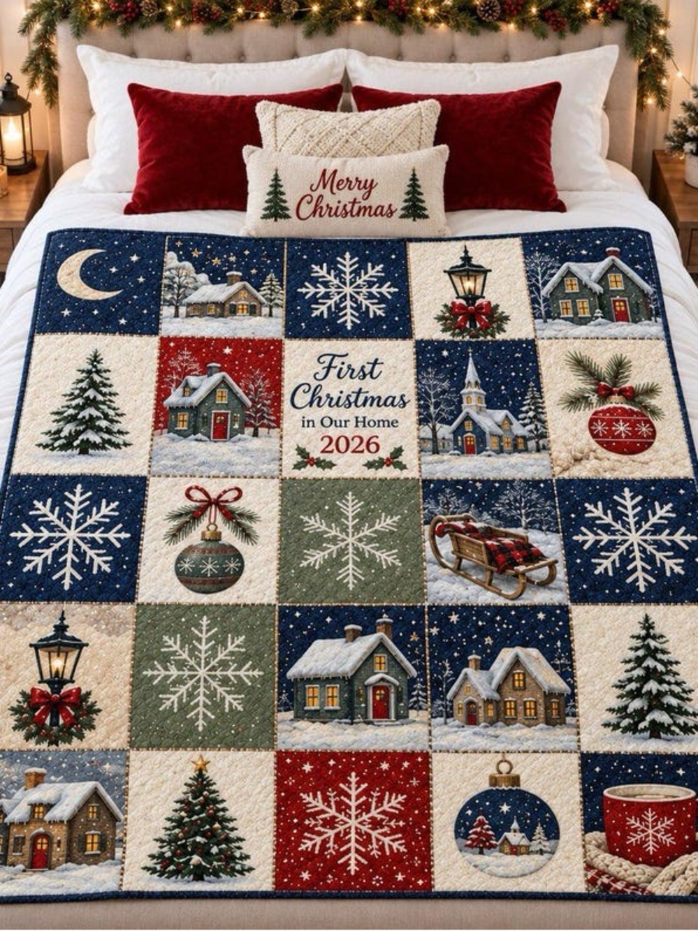 Festive First Christmas 2026 Patchwork Quilt - Navy, Red, Cream